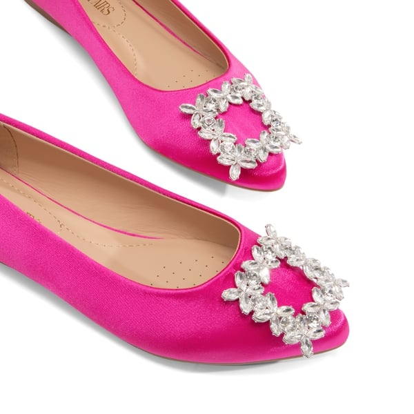 Rhinestone Square Buckle Flats - HOT PINK-SATIN - 6